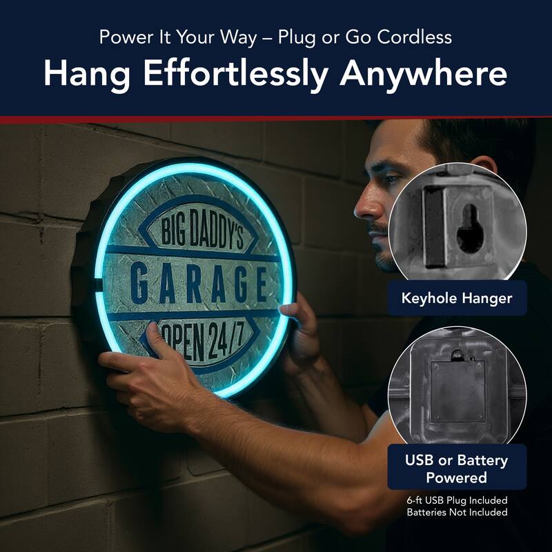 American Art Decor Big Daddy's Garage Bottle Cap Shaped LED Light Up Sign Wall Decor for Man Cave Bar Garage - Grey