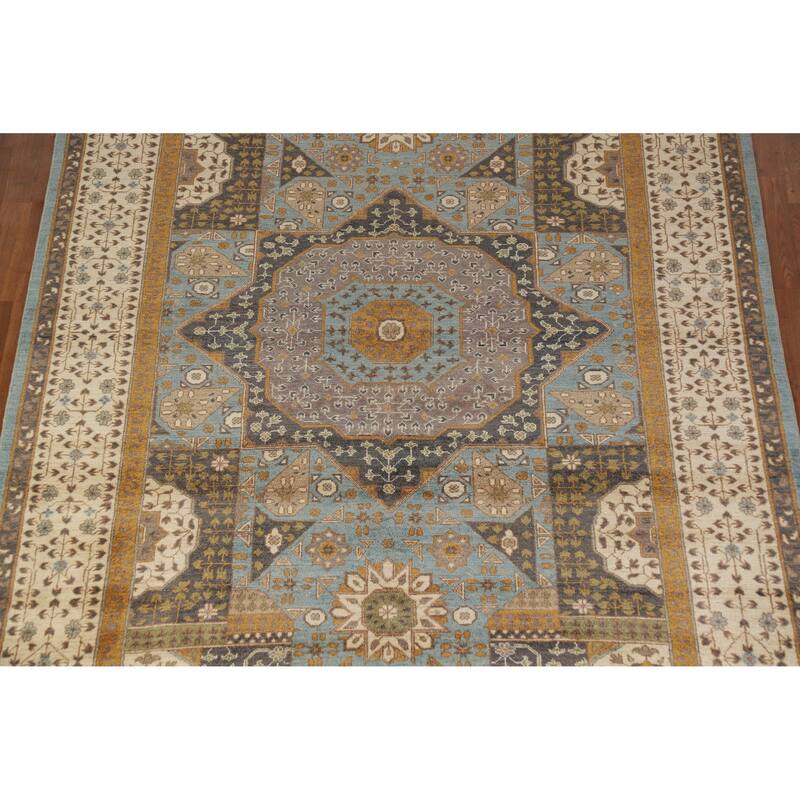 Hand Knotted Oriental 100% Wool Carpet Traditional Geometric Navy Blue & Blues Kazak Area Rug - 9' 9'' X 6' 7''