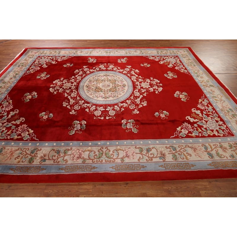 Red Art-Deco Chinese Vintage Area Rug Handmade Wool Carpet - 9'0" x 12'0"
