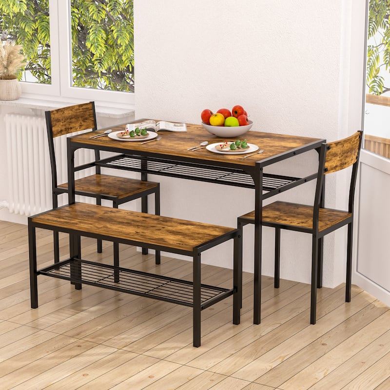 VECELO 43.3" Dining Table Set with Bench, Kitchen Table for 4, Modern Metal Frame Dining Furniture Set for Small Space