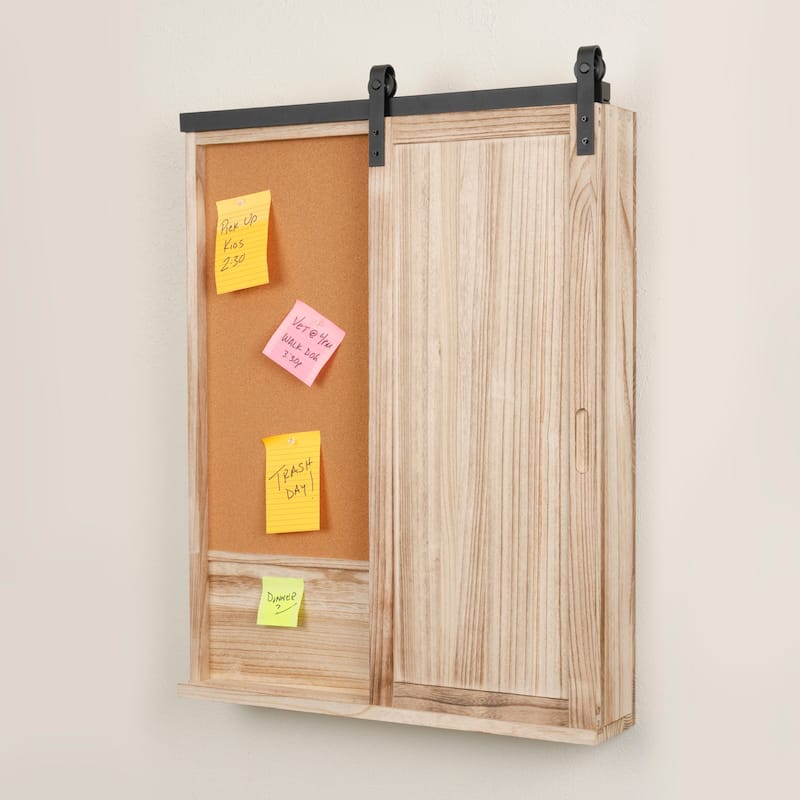 OS Home and Office Furniture Model Solid Wood Barn Door Style Wall Organizer with Corkboard and Letter and Key Storage