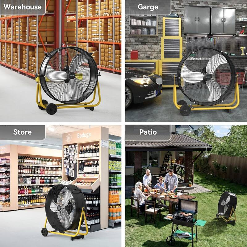 24" Industrial 3-Speed 240W Adjustable High Velocity Portable Drum Fan with Wheel