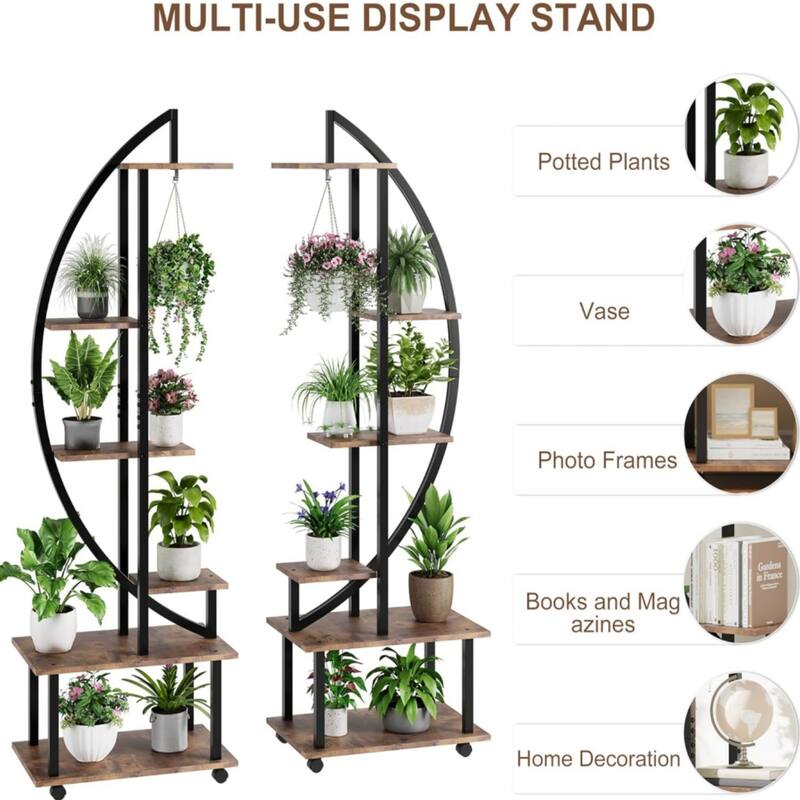 6-Tier Indoor Metal Plant Stand with Removable Wheels, Half Moon Shaped Plant Stand with Drawer, 2-Pack, Brown