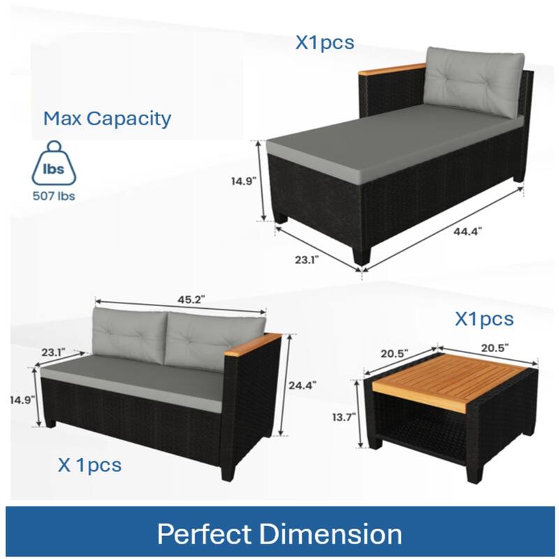 3-Piece L-Shaped Wicker Set with Gray Cushions and Acacia Wood Storage Table