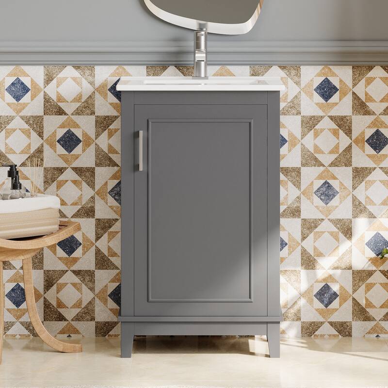 20 Inch Modern Small Bathroom Vanity Cabinet With Ceramic Basin,Ample Storage,1 Soft Close Doo - Gray