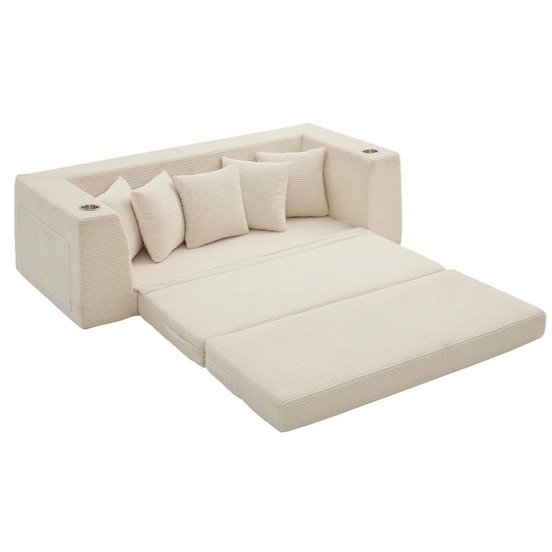 Modern Convertible Loveseat Sofa Bed, Corduroy Fabric Foldable Floor Couch w/5 Pillows, Side Pockets & Cup Holders, No Assembly