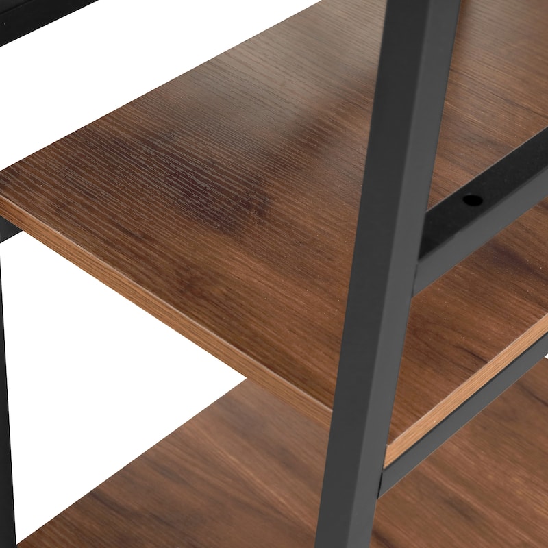 L-Shape Industrial Desk with storage shelves, Walnut