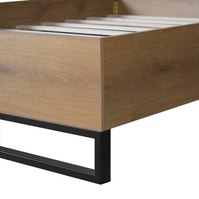 Queen Size Engineered Wood Bed Frame in Natural & Black, Geometric Headboard Design