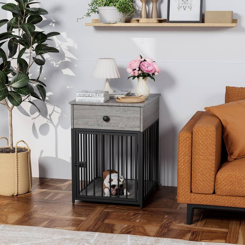 Dog Crate Furniture, Dog House, Decorative Dog Kennel with Drawer, Indoor Pet Crate End Table for Small Dog, Iron-Tube Dog Cage