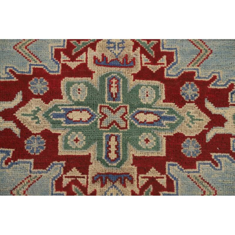 Light Blue Geometric Kazak Area Rug Handmade Wool Carpet - 4'11" x 6'10"