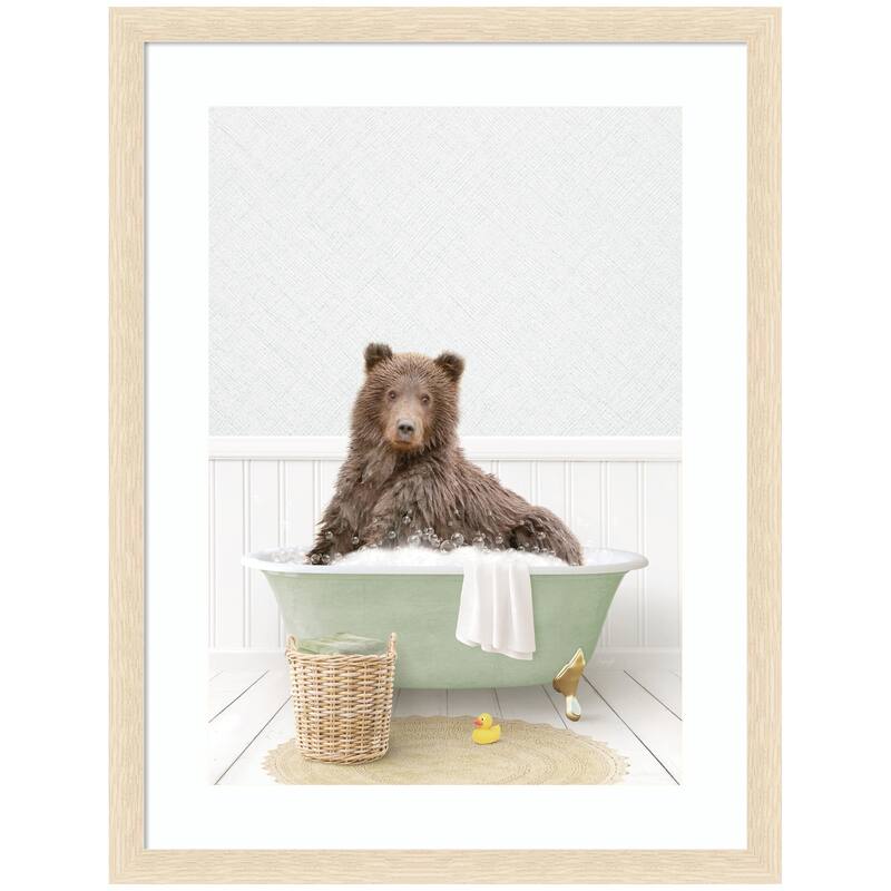 Kate and Laurel Bear in Cottage Green Bath by Amy Peterson Framed Wall Art Print - 20 x 26 - Natural