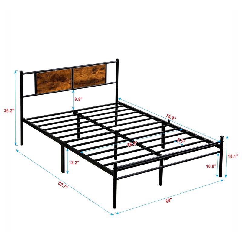 Metal Platform Bed with Wood Headboard, Detachable Steel Slats