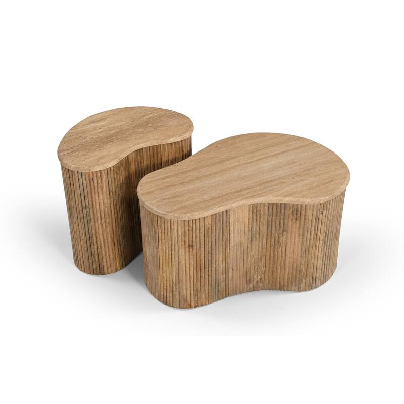 Modern Matador Modern Travertine Marble & Wood Freeform Coffee Table Set
