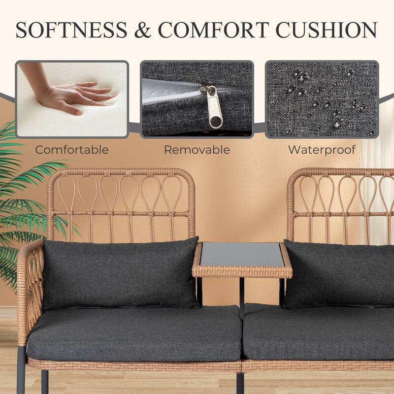 Outdoor Woven Rattan Loveseat Conversation Furniture Set with Cushions
