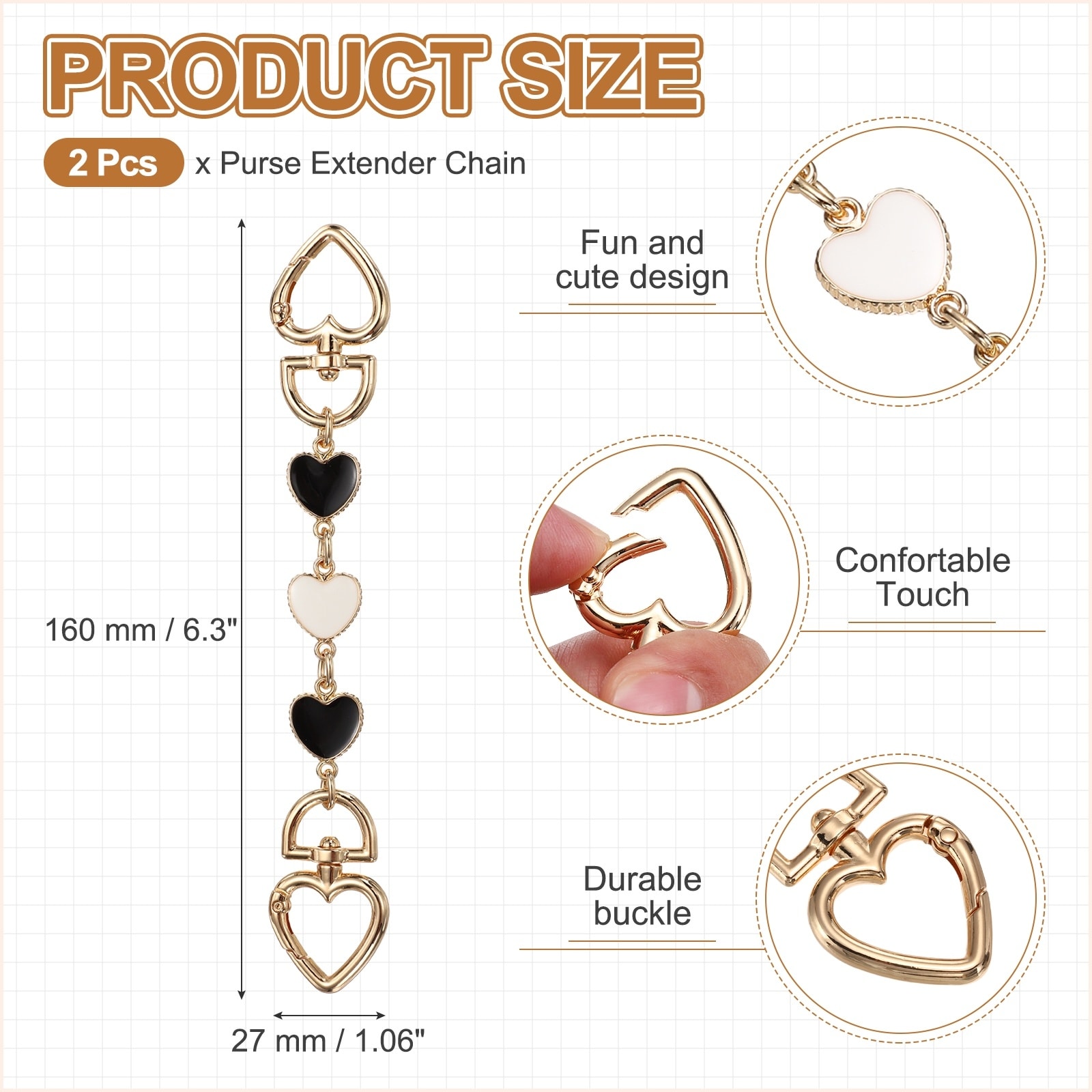 Bag Extender Chain, Metal Heart Purse Chain Extension Decorative Strap, Women Bag Charm