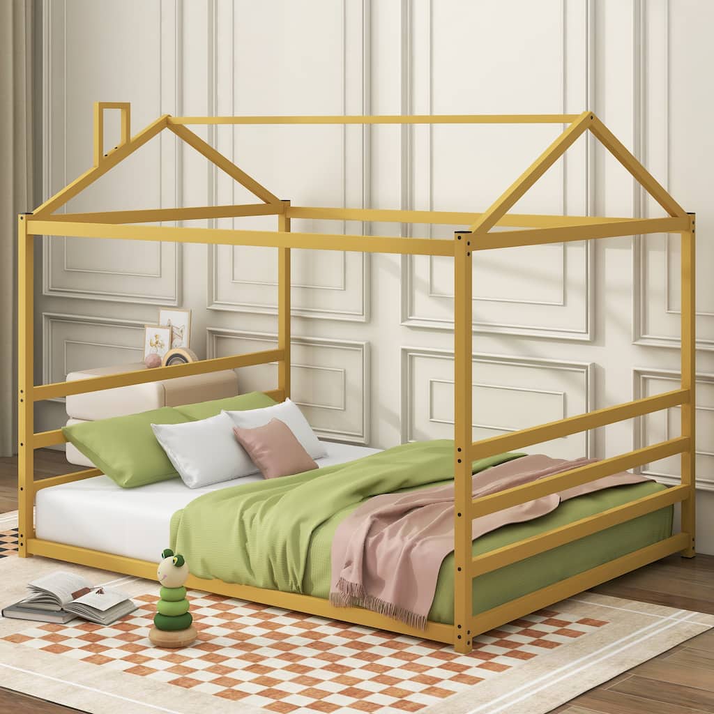 Gold House-Shaped Metal Platform Bed, Queen Size