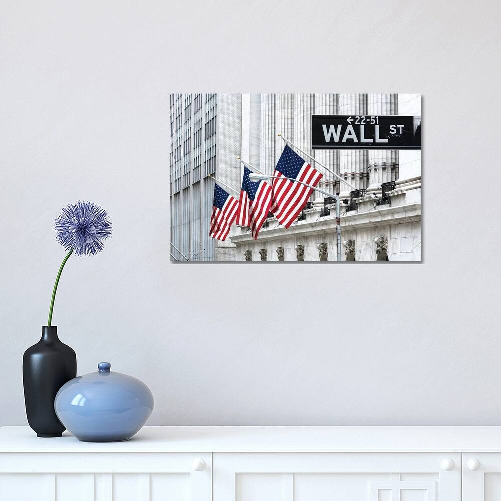 iCanvas "American Flags & Wall Street Signage, New York Stock Exchange, Financial District, NYC" by Matteo Colombo Canvas Print
