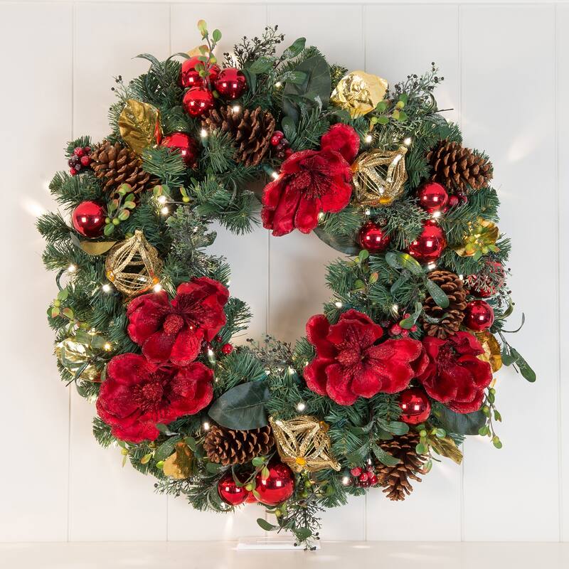 30 in. Lighted Christmas Wreath - Red Magnolia