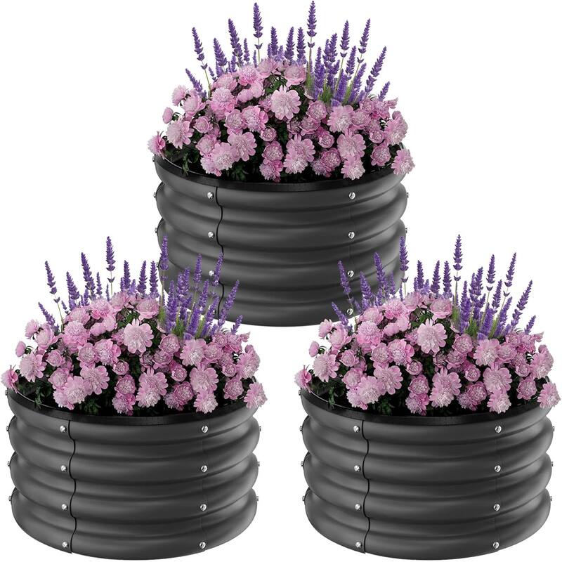 3-Pack Round Galvanized Steel Raised Garden Beds - 2x2x1Ft Heavy-Duty Open-Bottom Planters Sliver - Black