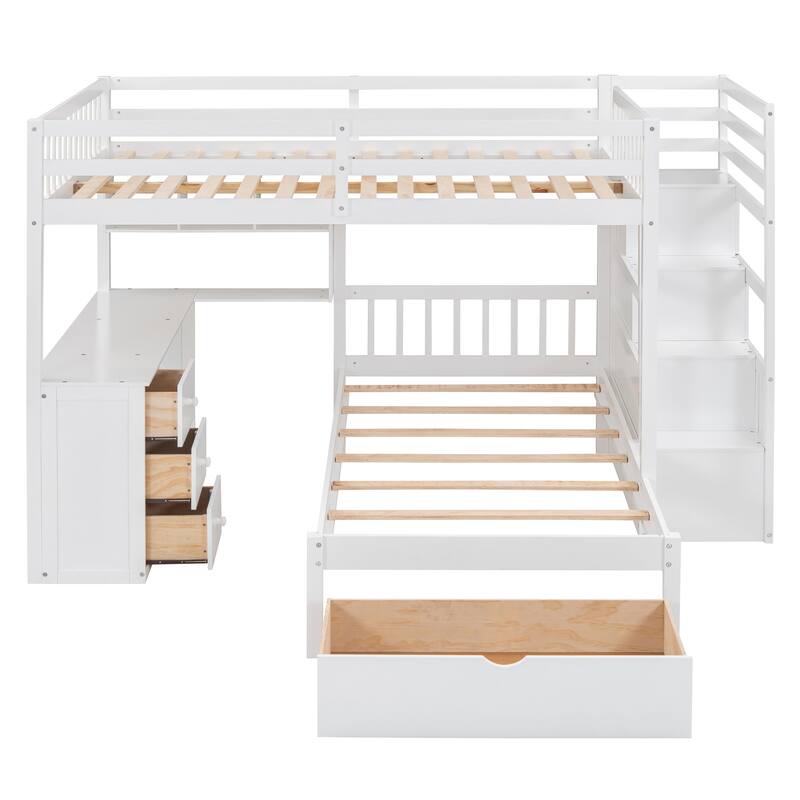 Full Over Twin Bunk Bed with Desk, Drawers, and Shelves in White