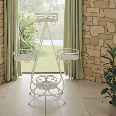 Shin Plant Stand with 4 Drainable Pots, Classic White Metal 33 Inch