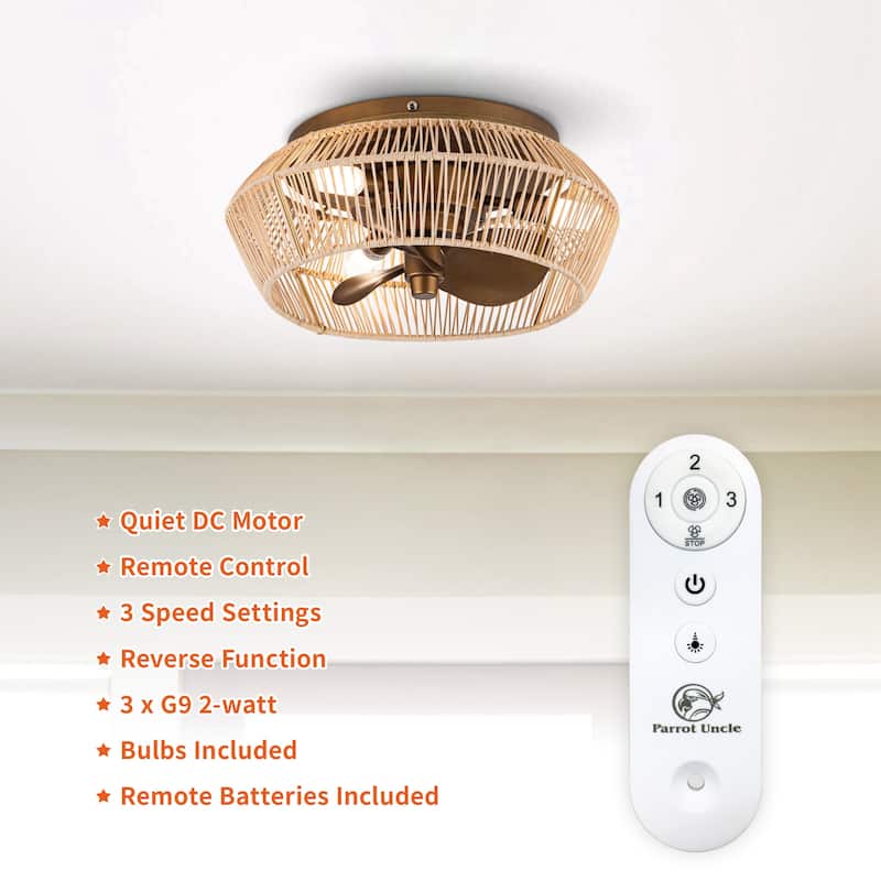 13.5" Coastal Rattan Brushed Bronze Cage Flush Mount Ceiling Fan with Lights