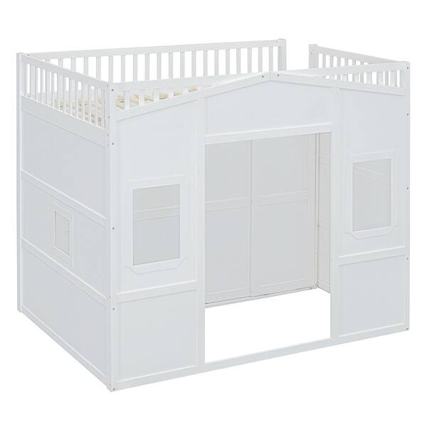 slide 2 of 20, Full Size Loft Bed with Wardrobe, Space-Saving Wood House Bed Frame w/Safety Guard & Ladder for Boys, Girls, Small Bedroom,White White - Full