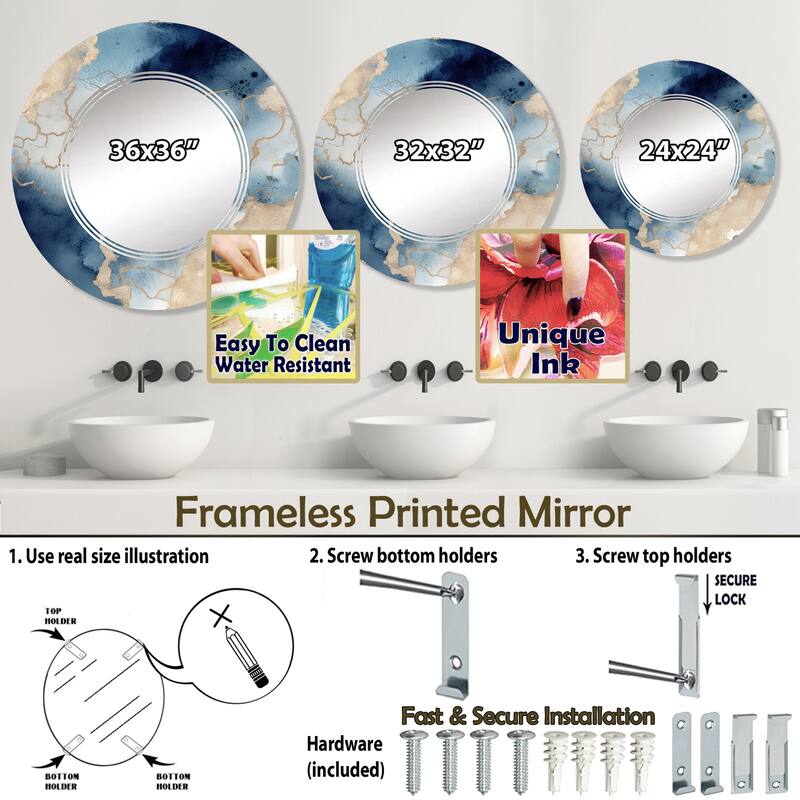 Designart "Blue and Gold Marble Clouds VIII" Fractals Modern Wall Mirror