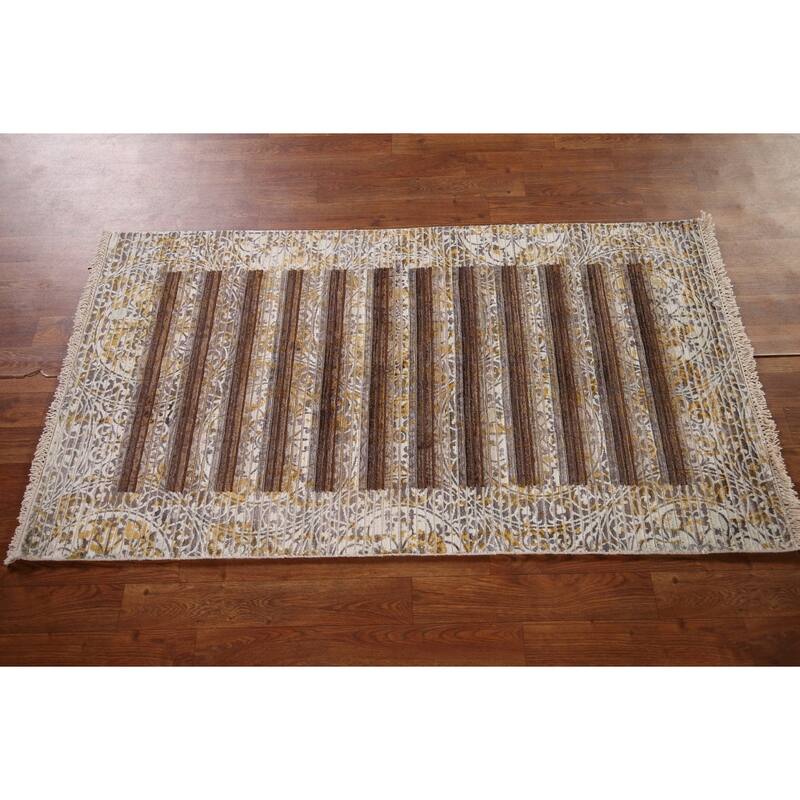 Striped Abstract Oriental Modern Accent Rug Hand-Knotted Wool Carpet - 2'9" x 4'10"