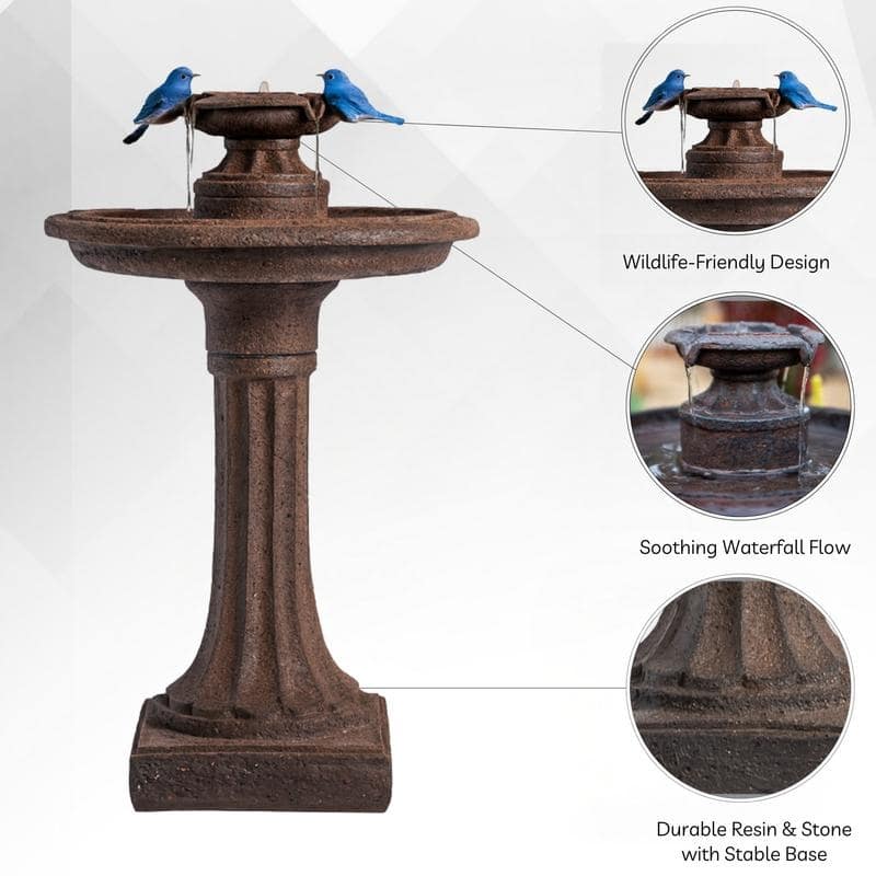 Classic 1-tier bird bath water fountain in brown resin - ideal for outdoor gardens and patios.