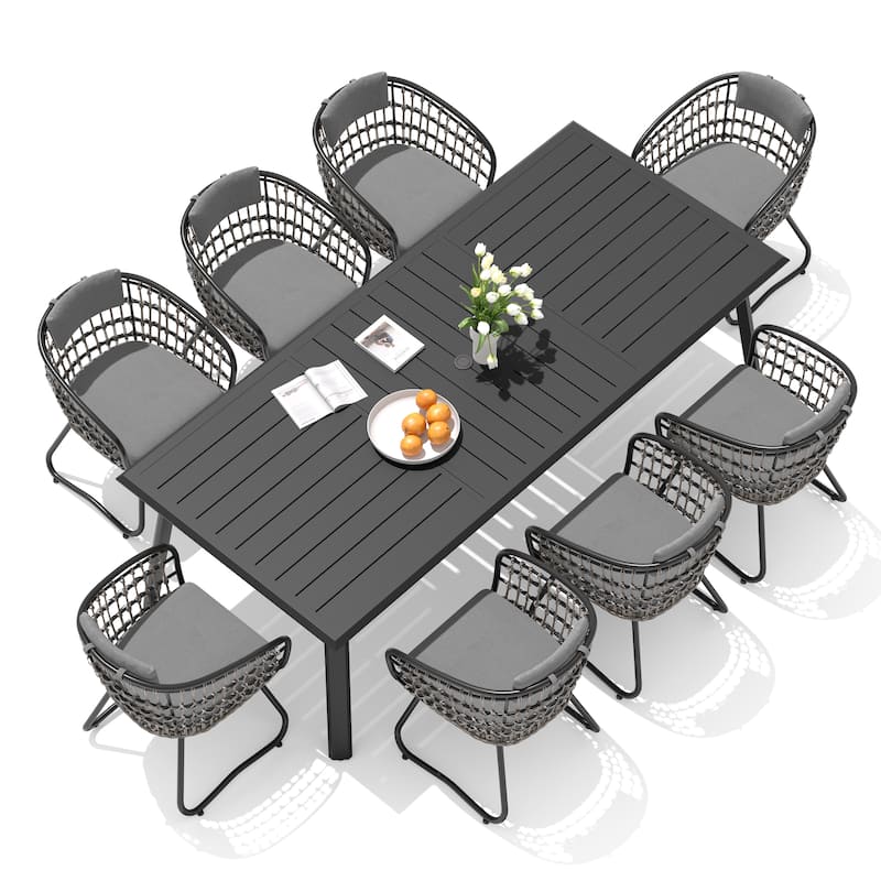 VredHom 9-PC Outdoor Patio Rectangular Aluminum Dining Sets Table with Rattan Chairs Umbrella Hole - Black-Table&Grey-Chairs