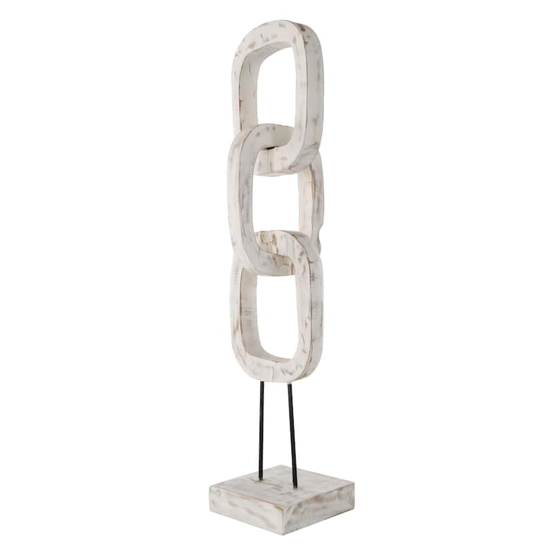 Black or Cream Teak Wood Tall 3 Link Chain Sculpture with Stand