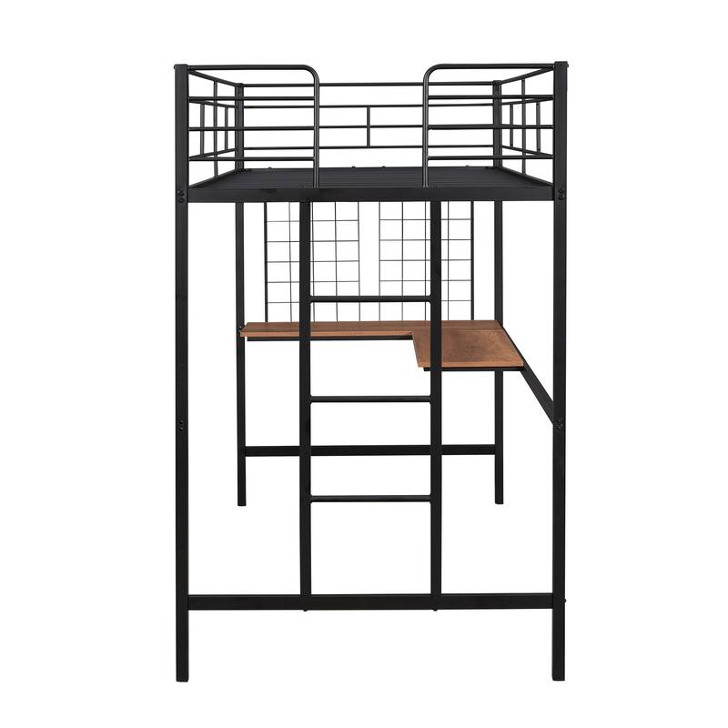 Metal Loft Bed with Desk, Ladder and Metal Grid for Kids, Teens, Girls, Boys