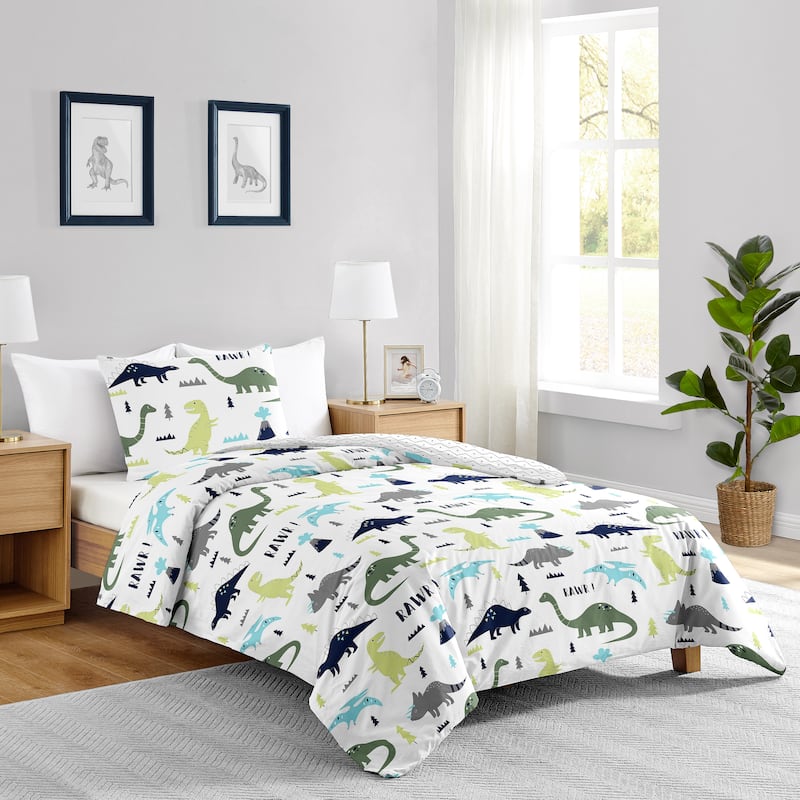 Mod Dino Collection Boy 2-piece Twin-size Comforter Set - Blue, Green and Grey Modern Dinosaur