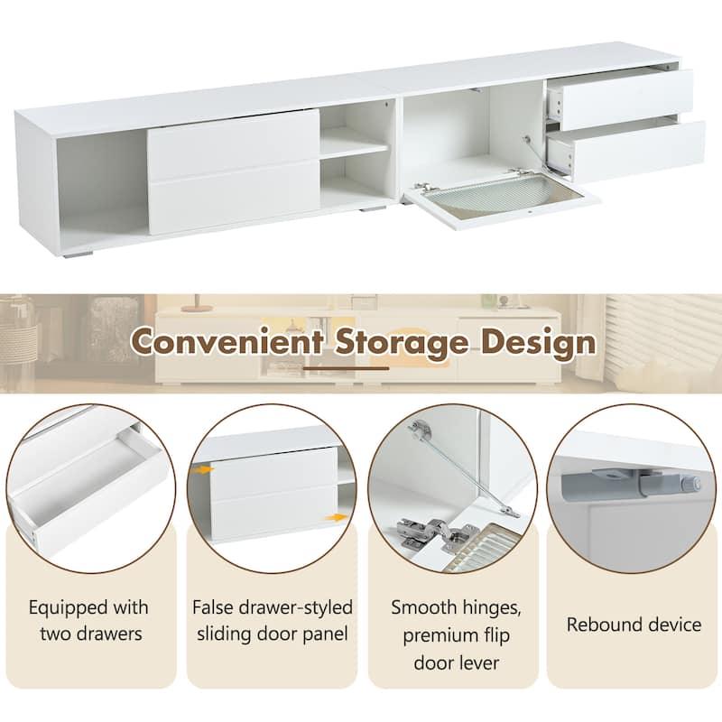 94.4" Modern TV Stand for 100" TVs, Arched Tempered Glass Door, Sliding Panel & 2 Drawers, App-Controlled LED Console