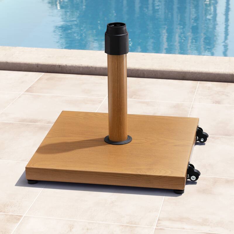 Outdoor Market Umbrella Base Holder Square Concrete / Cement Metal w/Wheels - Teak Color, with wheels