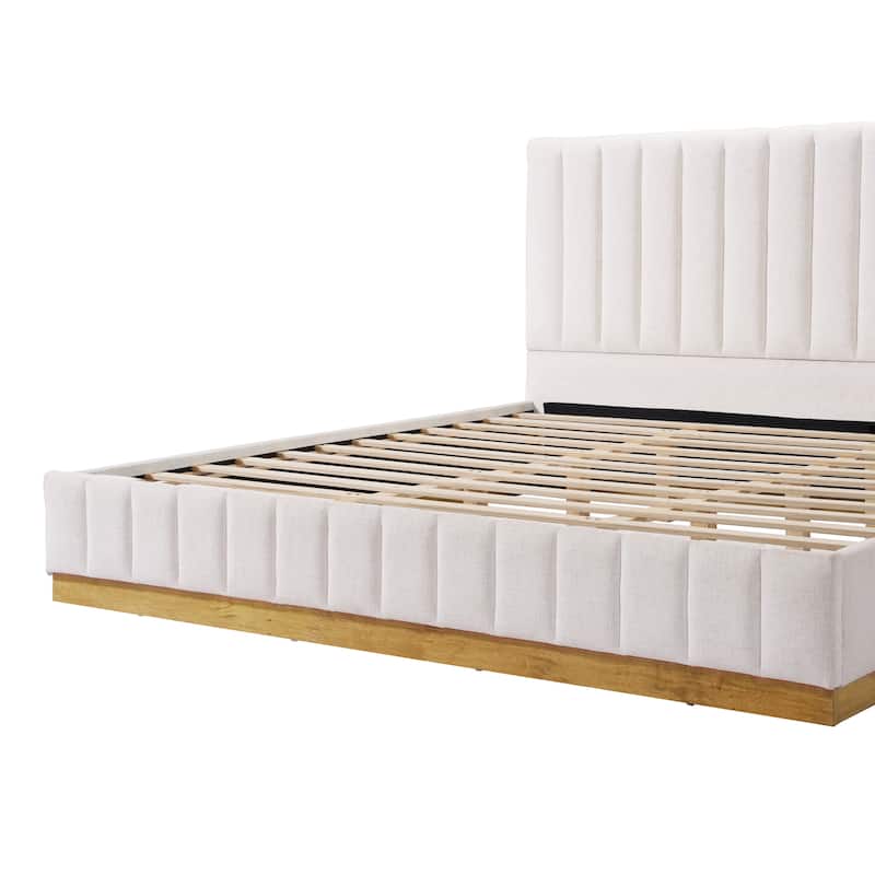 Beige Upholstered Bed with Vertical Stripes Headboard Linen Platform Bed