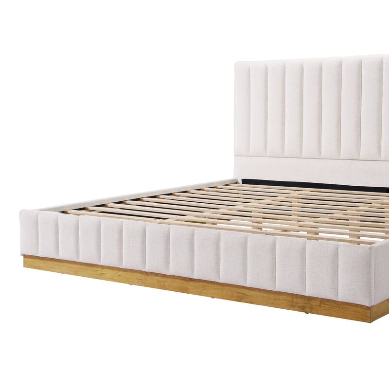 Upholstered Bed Frame Linen Fabric Platform Bed with 46''H Thick Headboard/Solid Wood Base/No Box Spring Needed/Noise Free/Beige