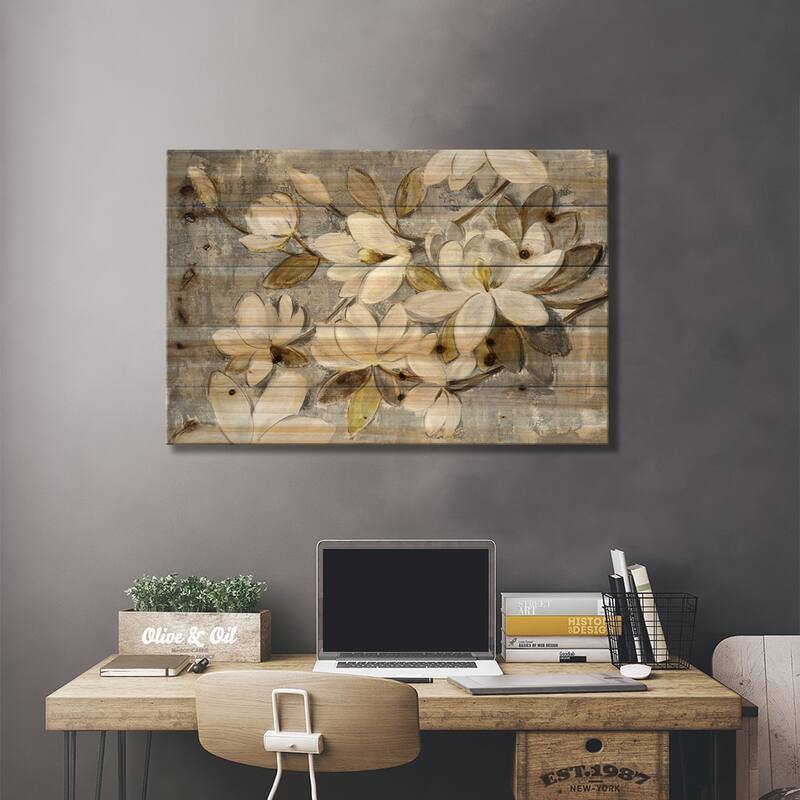 Magnolia Simplicity Print On Wood by Silvia Vassileva - Multi-Color