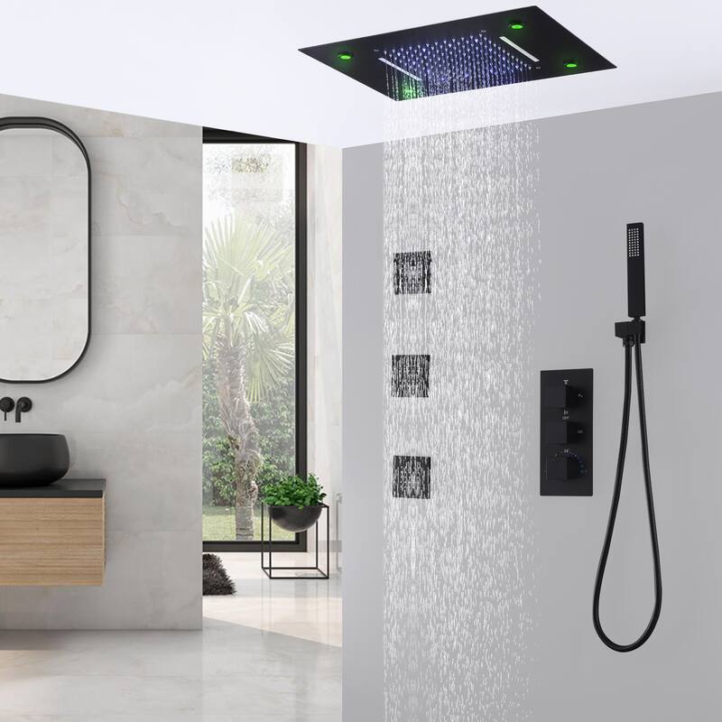 LED 4-Way Complete Rain and Waterfall Shower System with 3 body Jets & High-pressure Handheld, Ceiling Mounted