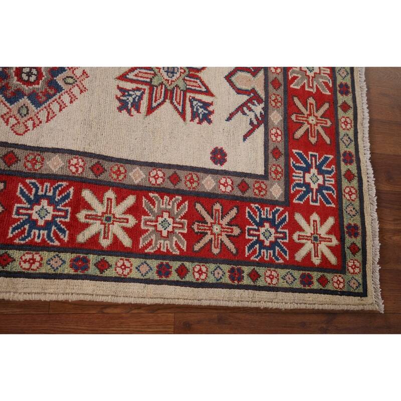 Beige / Ivory Geometric Kazak Rug Hand-Knotted Wool Carpet - 5'2" x 6'9"