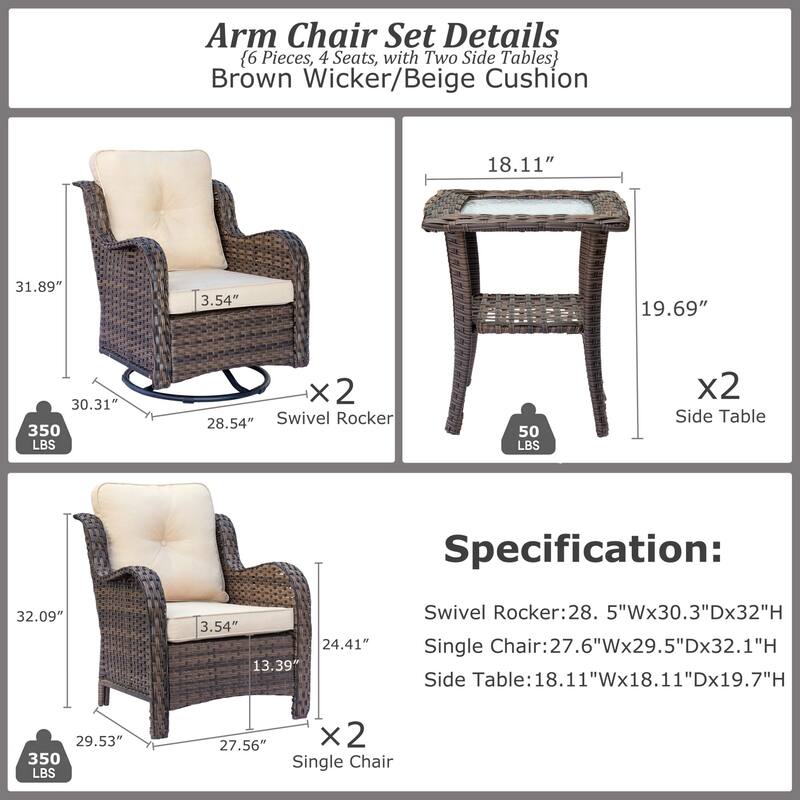 6 Piece Outdoor Rattan Wicker Patio Furniture Seating Swivel Chair Set