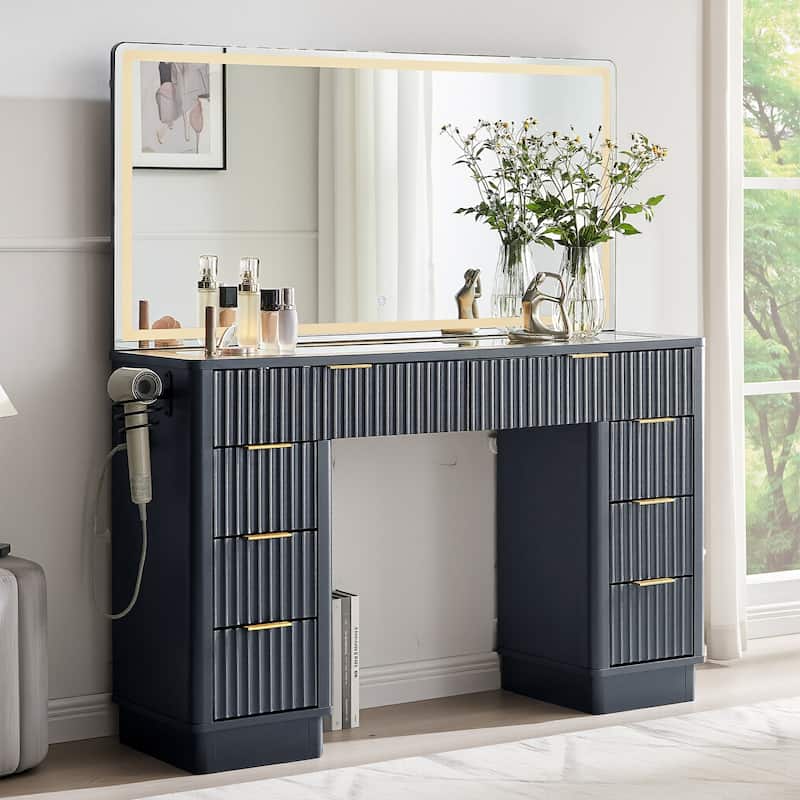 Modern Fluted Makeup Vanity Desk with Mirror, Lights, Charging Station - Grey