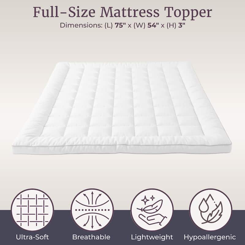 Down Alternative Mattress Topper - 3” Gusset Hypoallergenic Fiber Filled Pillow top Pad by Windsor Home - White