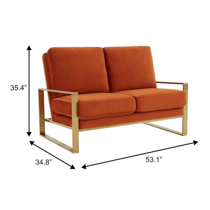 Jefferson Modern Two-Seater Velvet Loveseat with Brushed Gold Stainless Steel Base, Removable Cushions for Living Room or Lounge