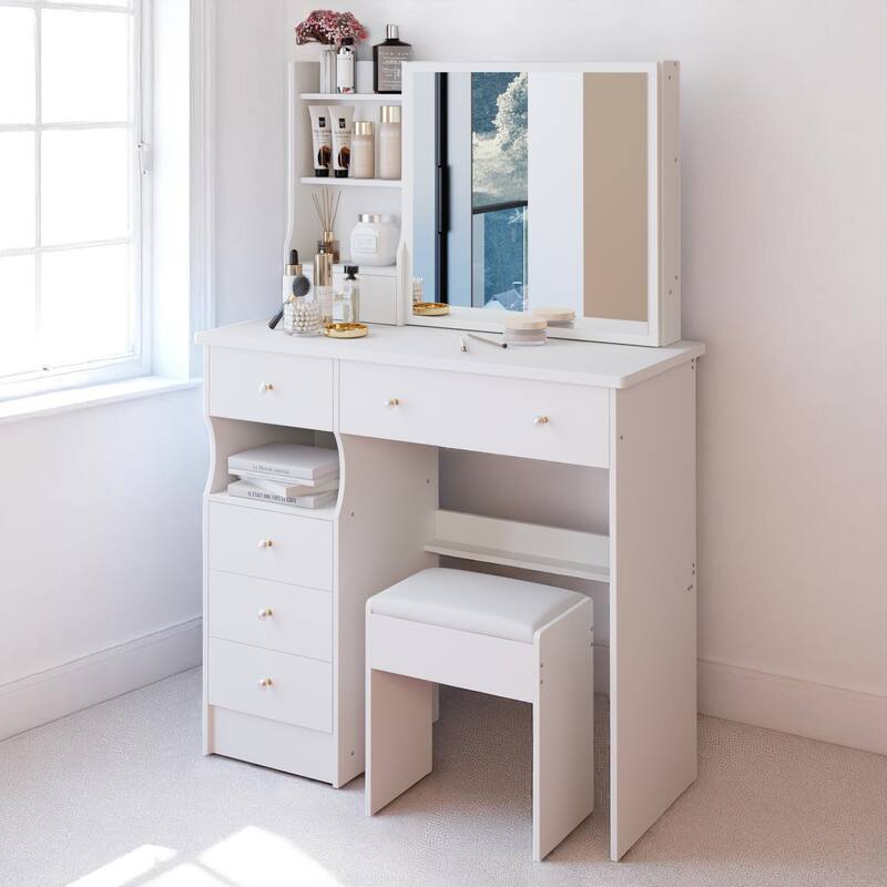 37" Makeup Vanity Table with Left Drawers, Sliding Mirror & High-Capacity Storage, Includes Stool