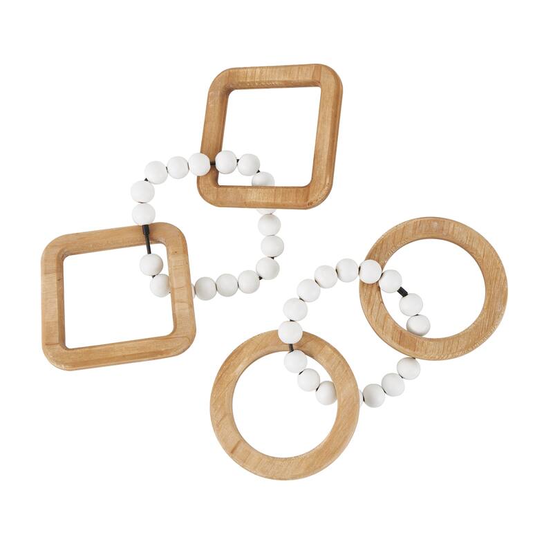 Brown Wood Geometric 3 Link Chain Decorative Sculpture with White Beaded Accents (Set of 2)