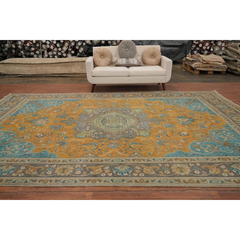 Hand Knotted Oriental 100% Wool Carpet Traditional Floral Oranges & Rust Tabriz Area Rug - 13' 3'' X 9' 5''