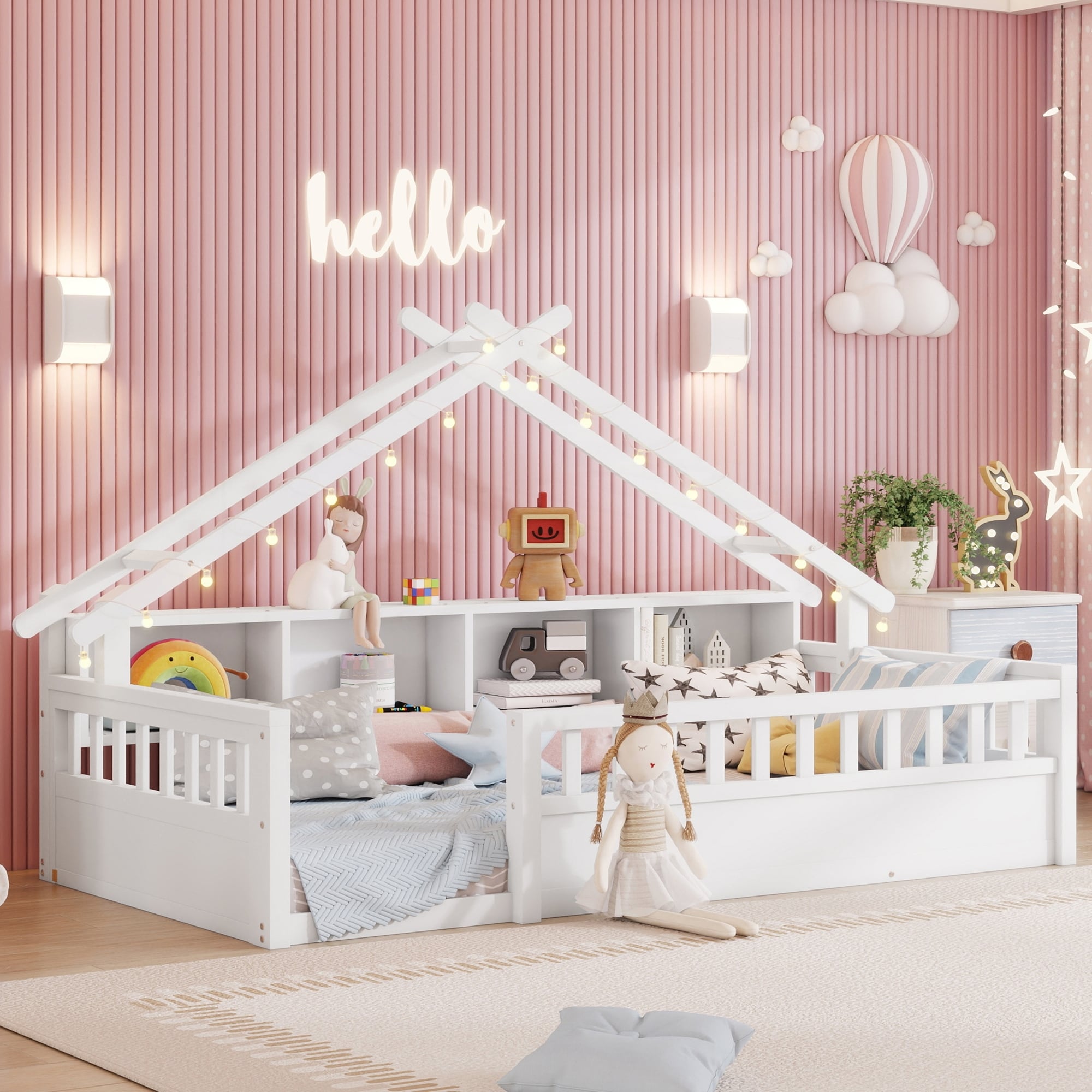 Floor Bed with Light, Wood Floor Bed with Storage Bookshelves, Floor Bed with Roof Shape for Kids