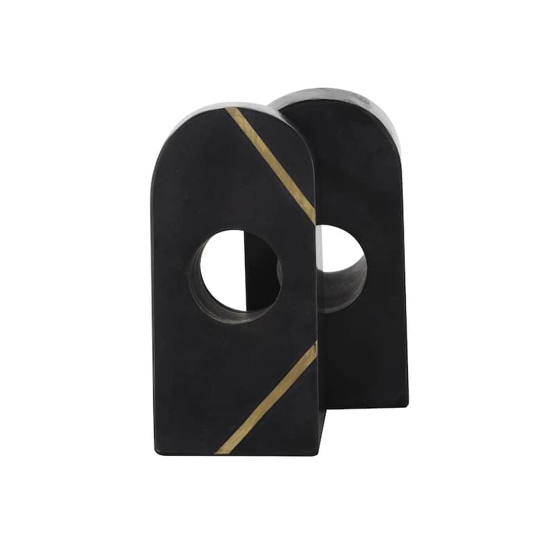 Marble Geometric Curved Pyramid Decorative Bookends with Diagonal Gold Stripes - Set of 2 Black - Roche River Decor